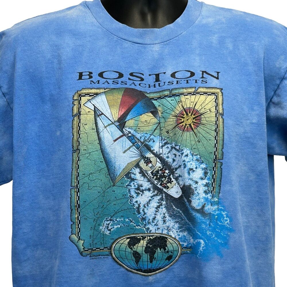 Vintage 90s Boston Sailing T Shirt Blue Yacht Sailboat Massachusetts USA L Large